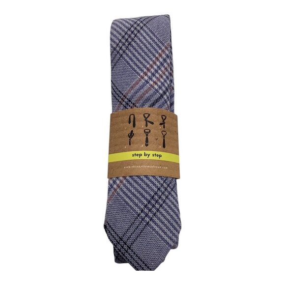 Skinny Tie Madness Blue Plaid Neck Tie Men Style SKM3224 "The Blue Bird" Cotton - Picture 8 of 10